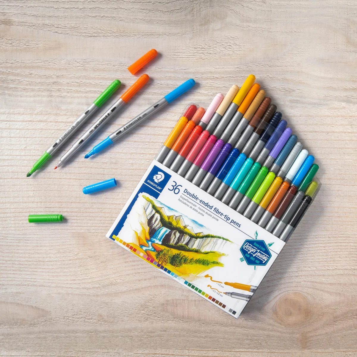 STAEDTLER Design Journey 3200 TB36, Rotuladores para lettering de doble punta, Caja con 36 marcadores de colores variados
