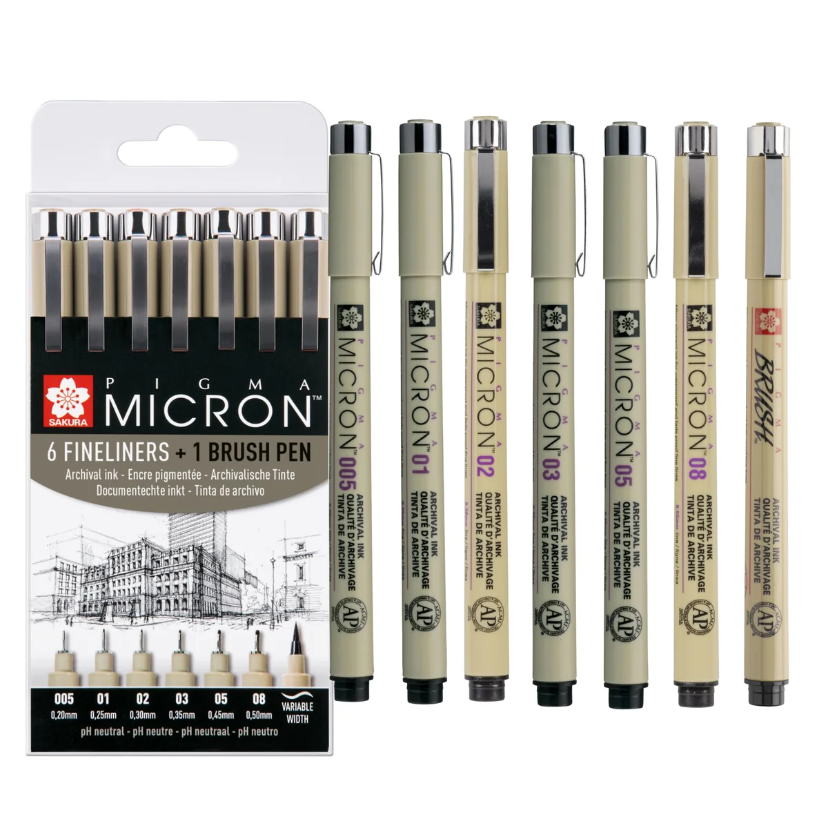 SAKURA Pigma Micron Rotulador Set de 6 + Pincel | Tinta permanente resistente al agua| Rotuladores para escribir, dibujar y llevar un diario
