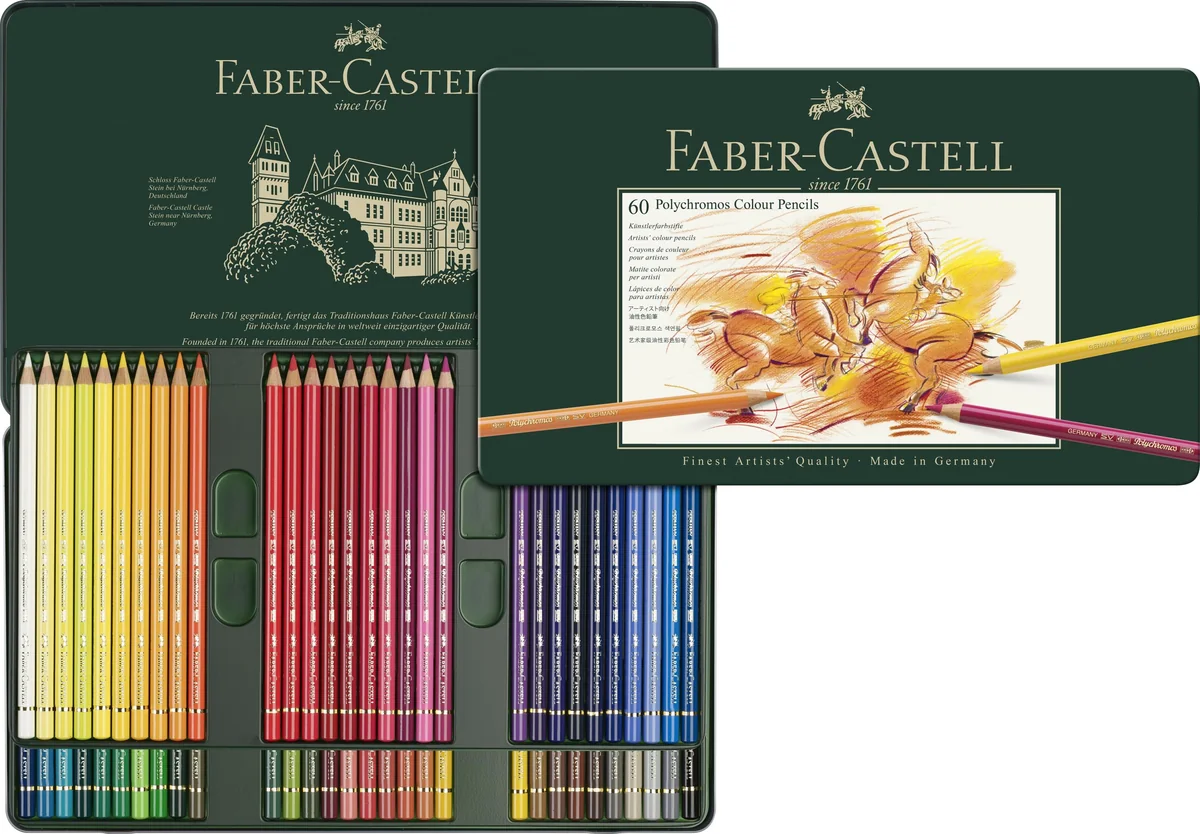 FABER-CASTELL - Set de lápices Polychromos, 60 colores, estuche metálico