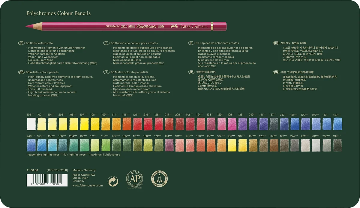 FABER-CASTELL - Set de lápices Polychromos, 60 colores, estuche metálico