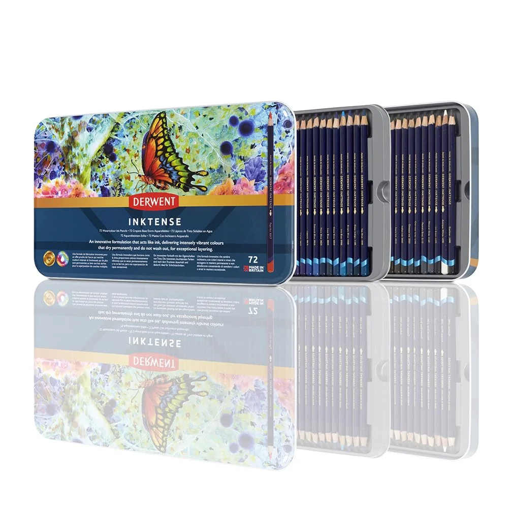 Derwent 2301843 - Caja Metálica con 72 Lápices Inktense, Solubles en Agua, Núcleo de 4mm, Ideal para Tejidos como Seda y Algodón, Calidad Profesional, Permanente al Secar y No se Difumina