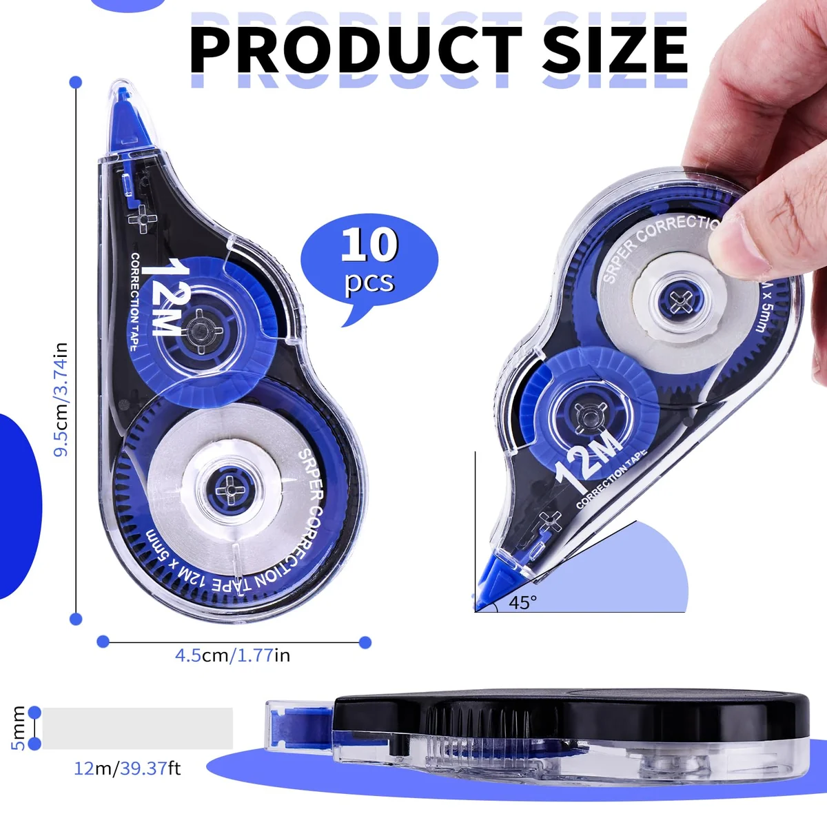 Jewan 10 Piezas Cinta Correctora,12m x 5 mm Cintas Correctoras Roller Pocket con Tapa Protectora,Ideal para Material Escolar y Papeleria Oficina,Útil para Borrar y Escribir de Inmediato