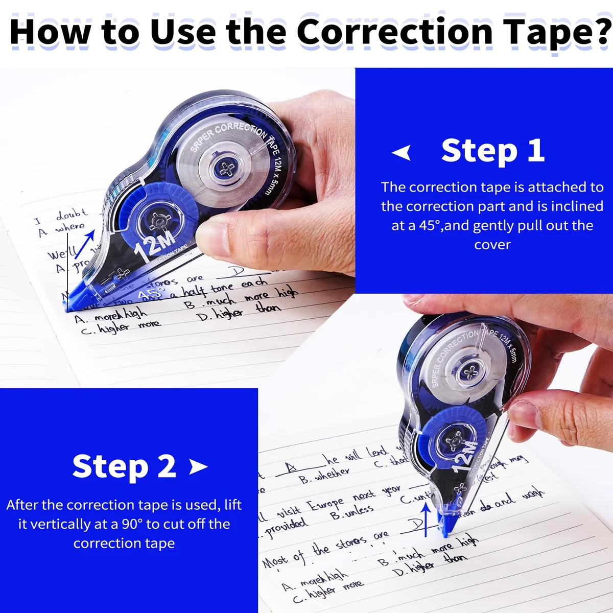 Jewan 10 Piezas Cinta Correctora,12m x 5 mm Cintas Correctoras Roller Pocket con Tapa Protectora,Ideal para Material Escolar y Papeleria Oficina,Útil para Borrar y Escribir de Inmediato