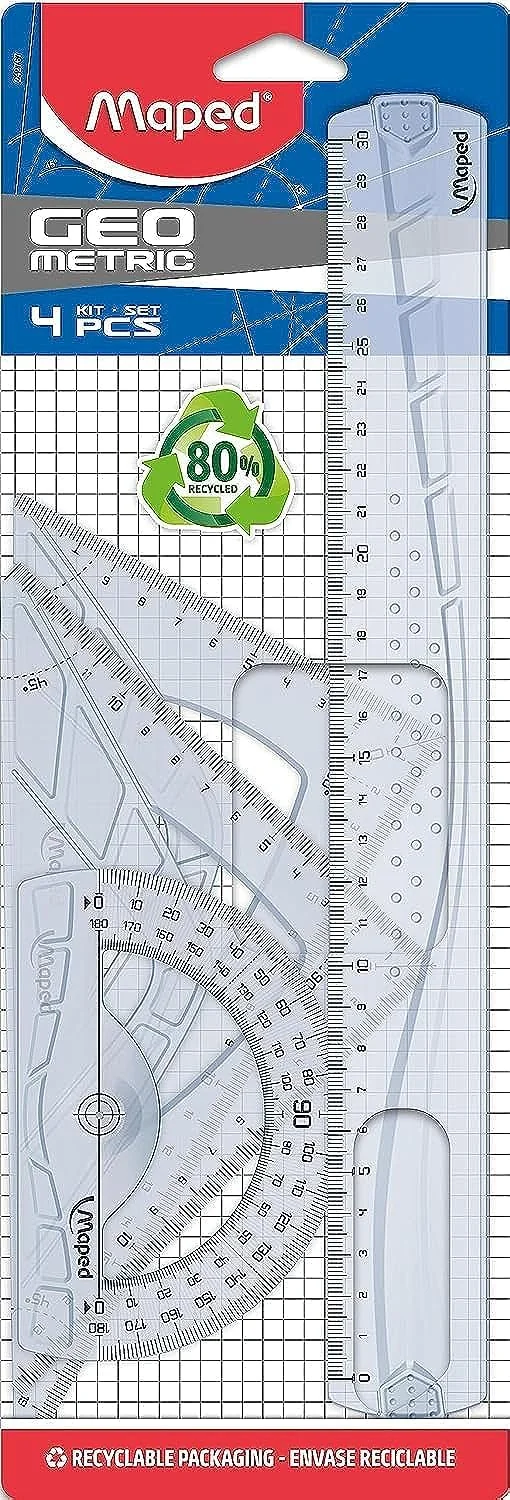 Maped - Reglas Escolares - Geometric - Maxi Kit de 4 Piezas - 1 Regla de 30 cm, 1 Cartabón Escolar de 45, 1 Escuadra de 45° y 1 Transportador de 180° - Diseño Transparente con Graduaciones Impresas