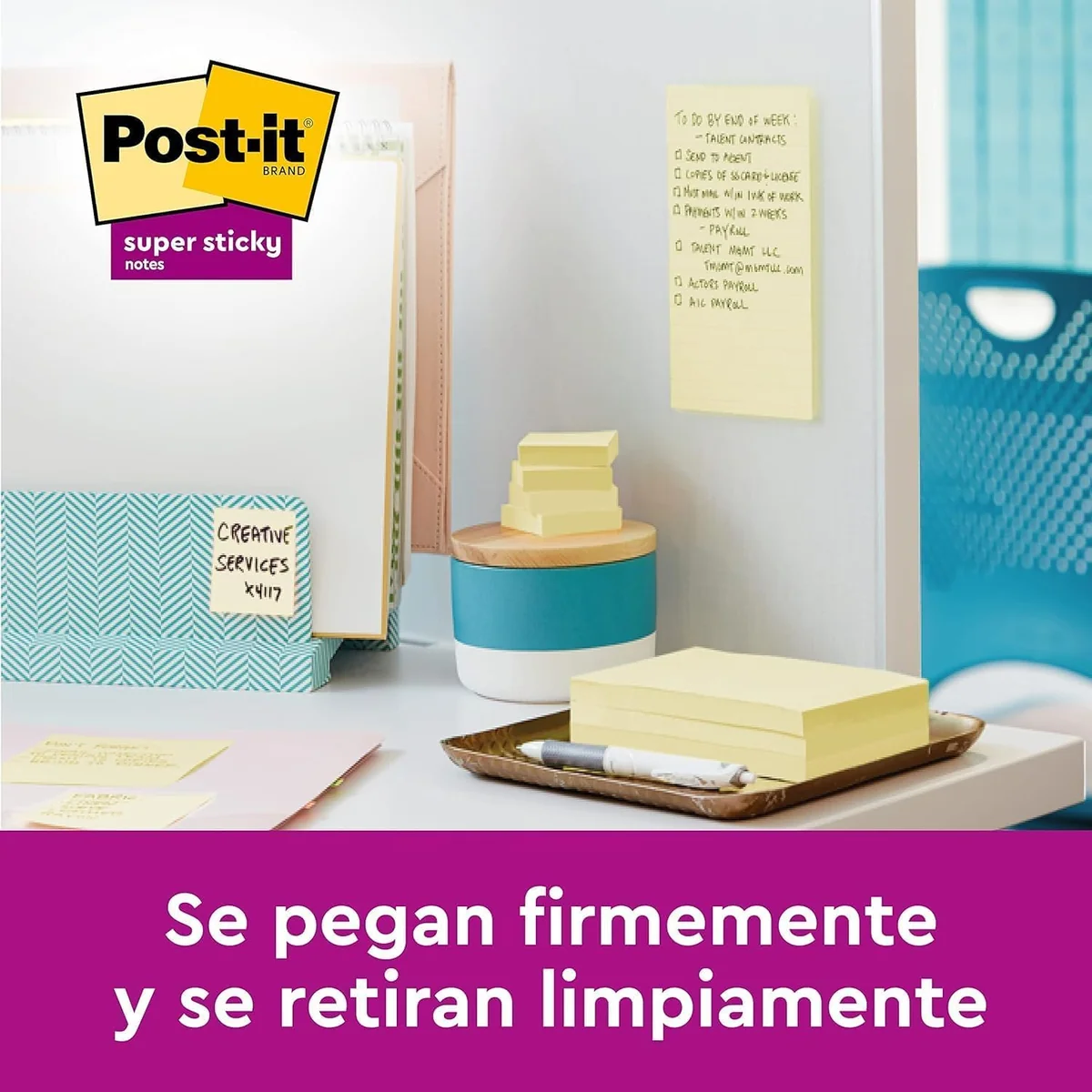 Post-it Super Sticky Notas, Canary Yellow, 76 mm x 76 mm, 90 hojas/bloc, 4 blocs/paquete + 2 GRATIS - Notas Extra Adhesivas para Listas de Tareas y Recordatorios