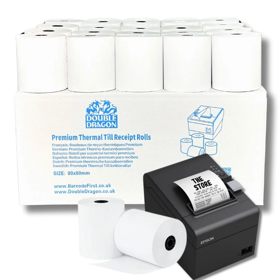 Double Dragon, Rollo de papel térmico premium de 80 x 80 mm para impresora EPOS, terminal POS, caja registradora [paquete de 20]