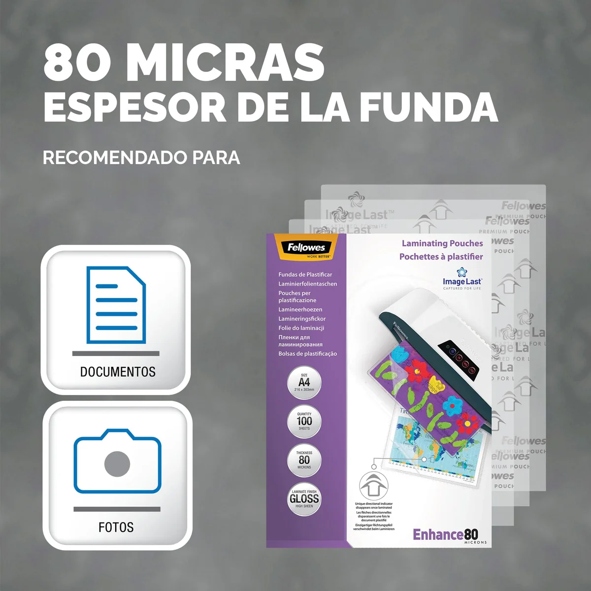 Fellowes Pack de 100 fundas plastificar A4, brillo, formato A4, 80 micras, con flechas direccionales ImageLast, fundas para plastificadora adecuadas para fotos y avisos