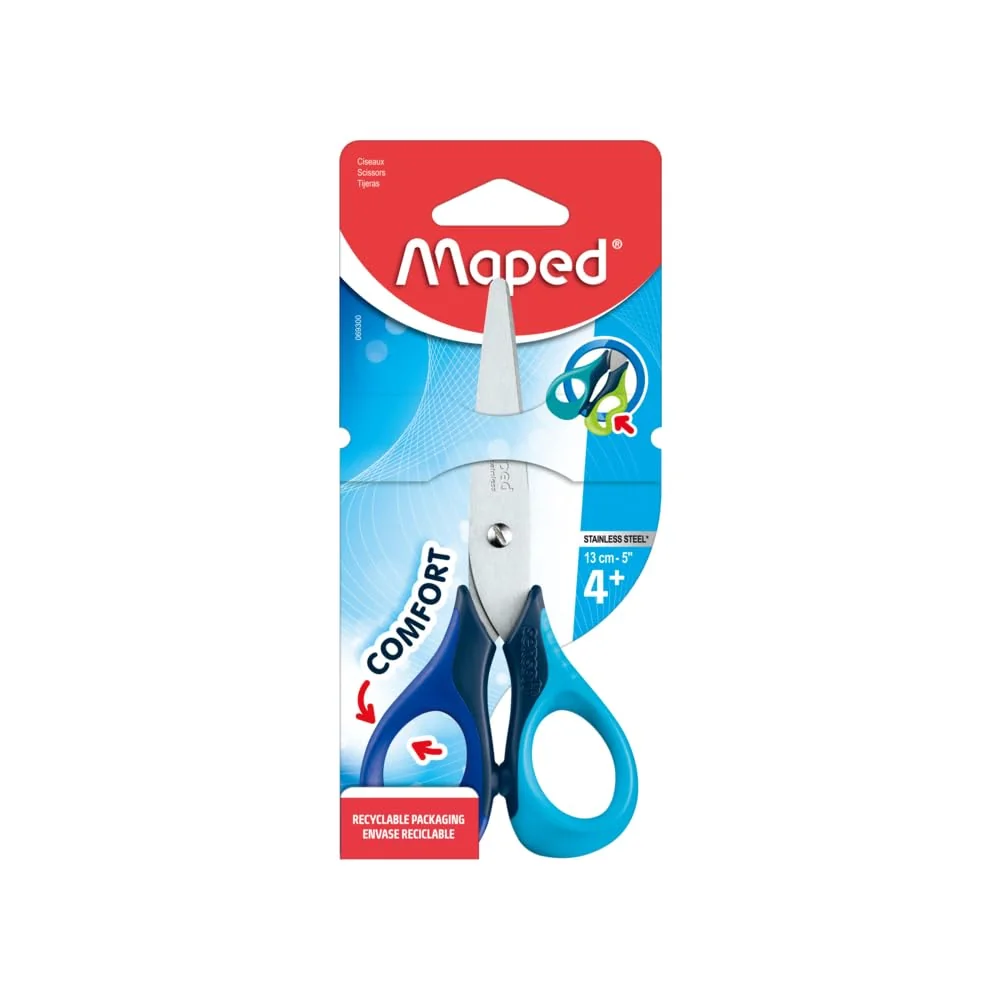Tijeras Escolares para Niños Maped, Sensoft 13 cm Diseño Ergonómico para Agarre Fácil, Aros Suaves y Seguros Cuchillas de Acero Inoxidable Modelos Surtidos Ideal para Manualidades y Uso Escolar