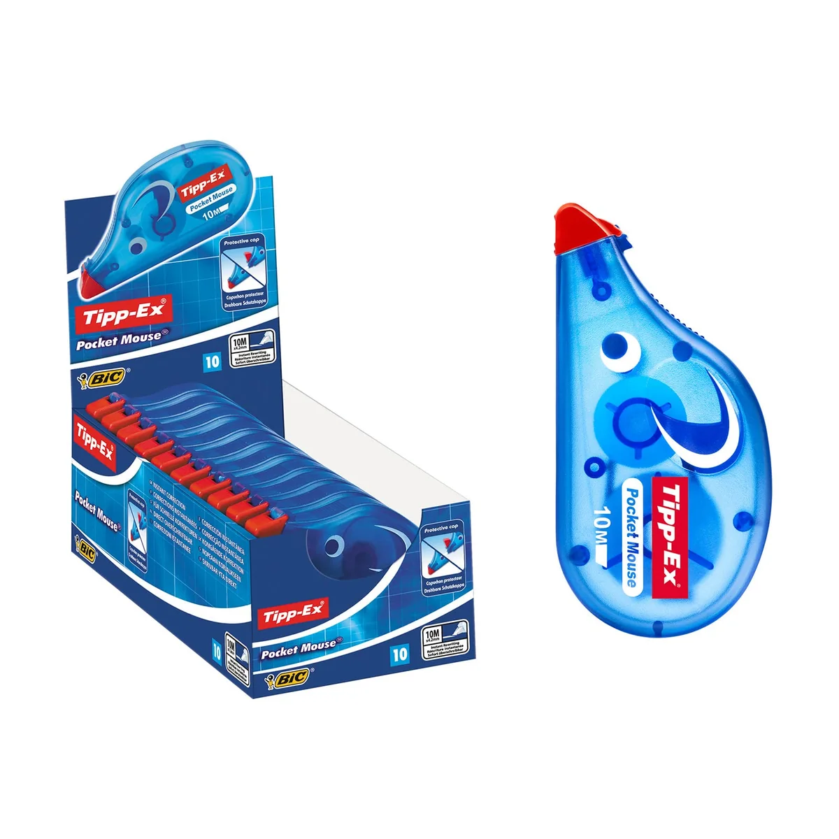 BIC Tipp-Ex Pocket Mouse, Cinta Correctora, Óptimo para Escolares y de Oficina, 10M X 4,2 Mm, Color Blanco, Paquete de 10 Unidades