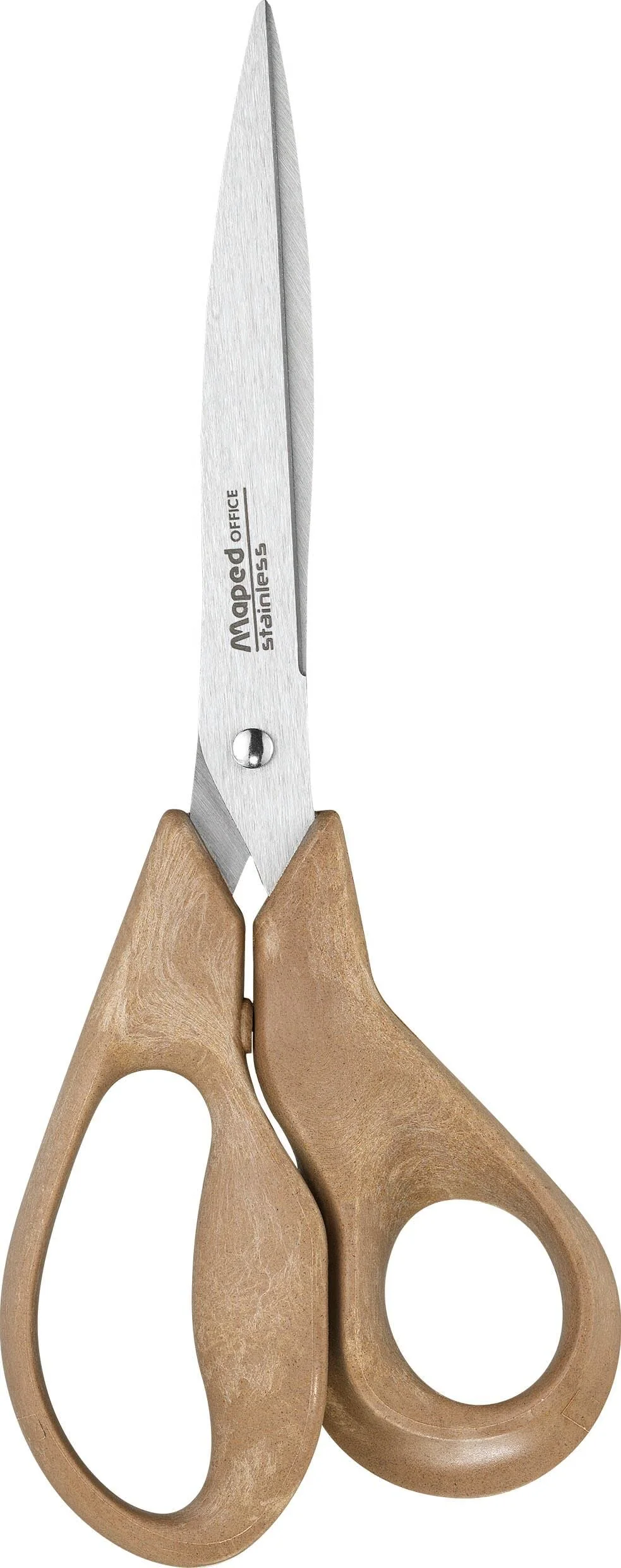 Maped - Tijeras de Oficina - Advanced Wood Asimétrica 21 cm - Tijeras con Hojas y Remache de Acero Inoxidable - Anillas Fabricadas con un 50% de Fibra de Madera