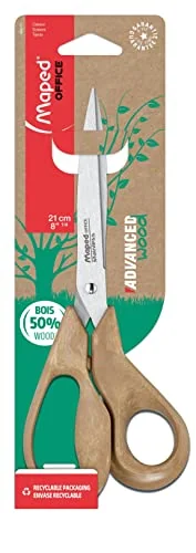 Maped - Tijeras de Oficina - Advanced Wood Asimétrica 21 cm - Tijeras con Hojas y Remache de Acero Inoxidable - Anillas Fabricadas con un 50% de Fibra de Madera