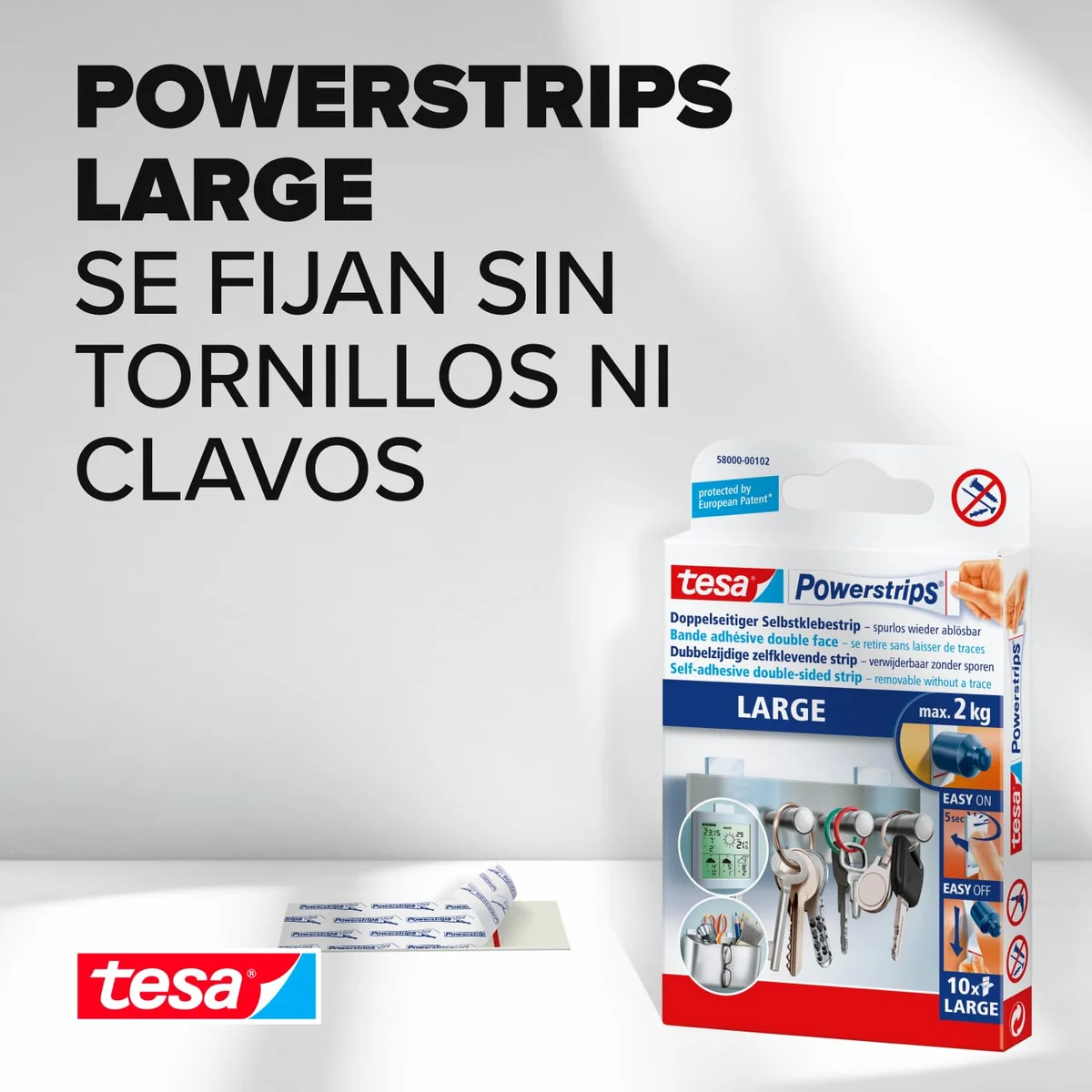 Powerstrips Grande - Tiras Adhesivas Doble Cara Ideales para Superficies Planas y Lisas - Para Objetos de hasta 2 kg, 10x