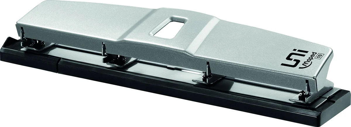 Maped Perforadora de Papel Universal 4 Agujeros con Capacidad de 10 a 12 Hojas, Agujereadora con Sujeción Optimizada y Tapa para Confetis, Acabado Metálico Plateado para Oficina y Escuela