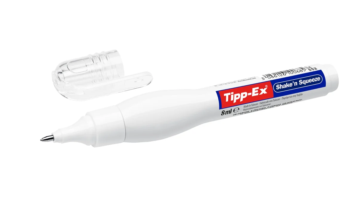 BIC Tipp-Ex Shake'n Squeeze Corrector Líquido, Fórmula de Secado Rápido, Lápiz Corrector, Ideal para Profesionales, Blíster de 3, 8 ml, multicolor