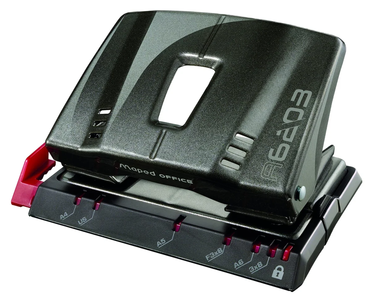 Maped - Perforadora de Papel - Advanced Metal 2 Agujeros para 20/25 Hojas - Agujereador de Papel Metálico - Regleta Ultra Legible - Tapa para Vaciar Confetis - Rápida y Precisa - Color Negro