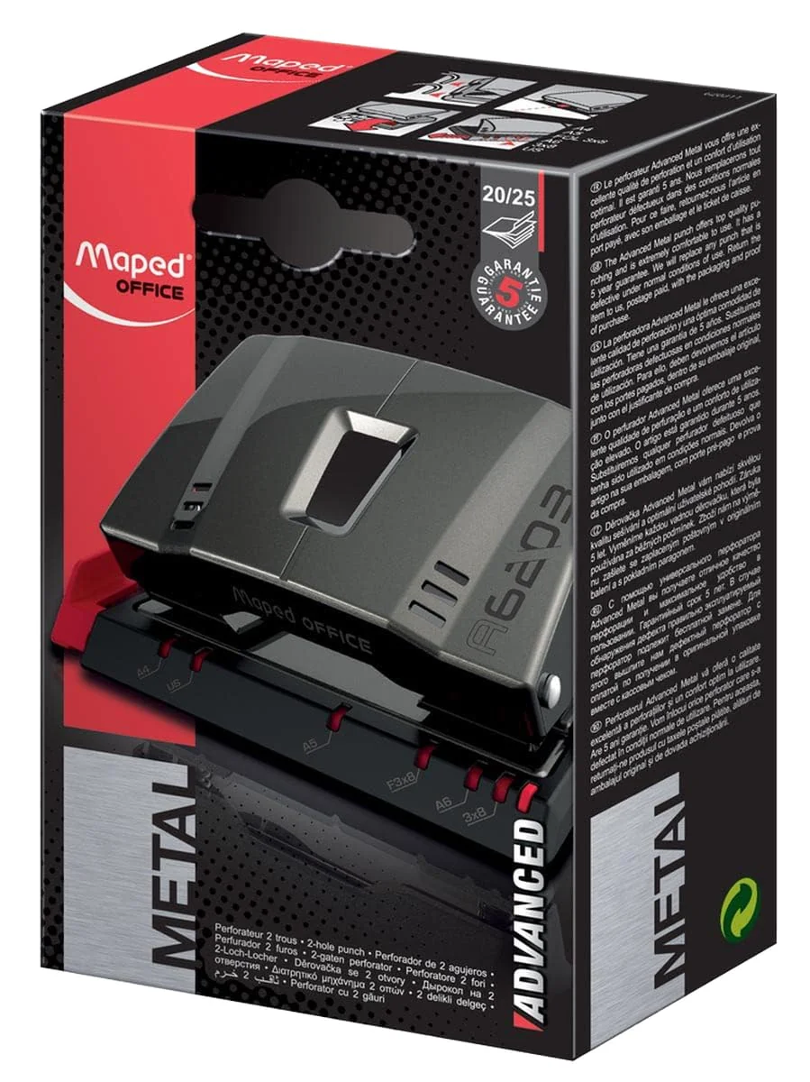 Maped - Perforadora de Papel - Advanced Metal 2 Agujeros para 20/25 Hojas - Agujereador de Papel Metálico - Regleta Ultra Legible - Tapa para Vaciar Confetis - Rápida y Precisa - Color Negro
