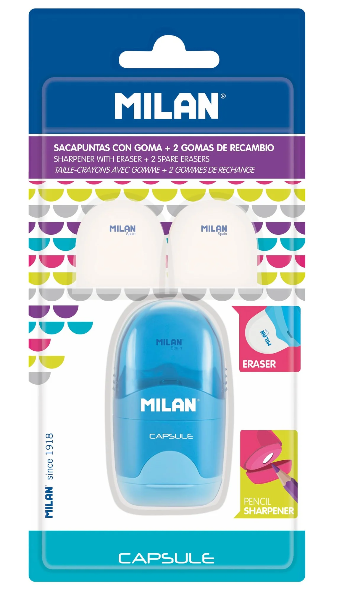 MILAN Blister afilaborra Capsule + 2 gomas de recambio, blanco