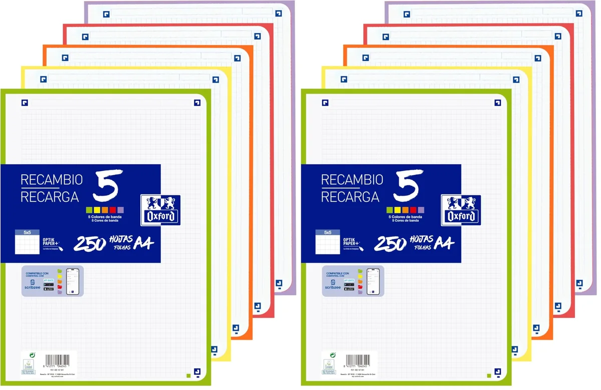 Oxford Hojas Cuadriculadas A4 Perforadas, Recambio Archivador, 250 Hojas, Cuadrícula 5x5, 5 Colores Vivos de Banda