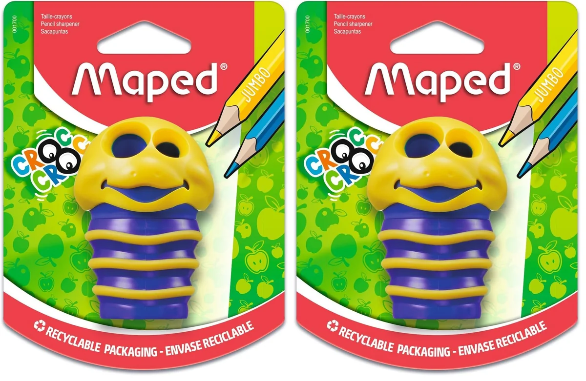 Maped Sacapuntas Escolar Croc Croc, Afilador con Depósito, 2 Orificios para Lápices Estándar y Grandes, Diseño Lúdico y Ergonómico, Gran Capacidad de Virutas, 3 Colores Diferentes (Paquete de 2)