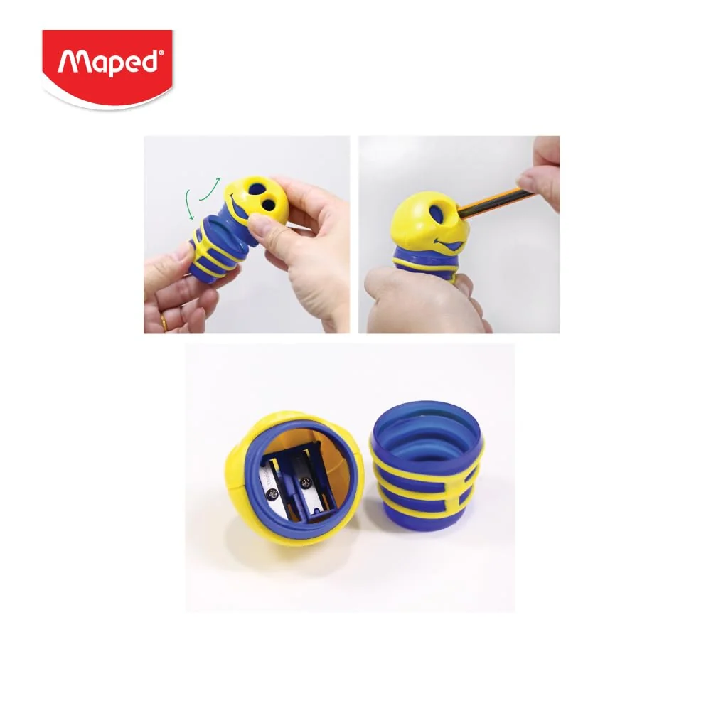 Maped Sacapuntas Escolar Croc Croc, Afilador con Depósito, 2 Orificios para Lápices Estándar y Grandes, Diseño Lúdico y Ergonómico, Gran Capacidad de Virutas, 3 Colores Diferentes (Paquete de 2)