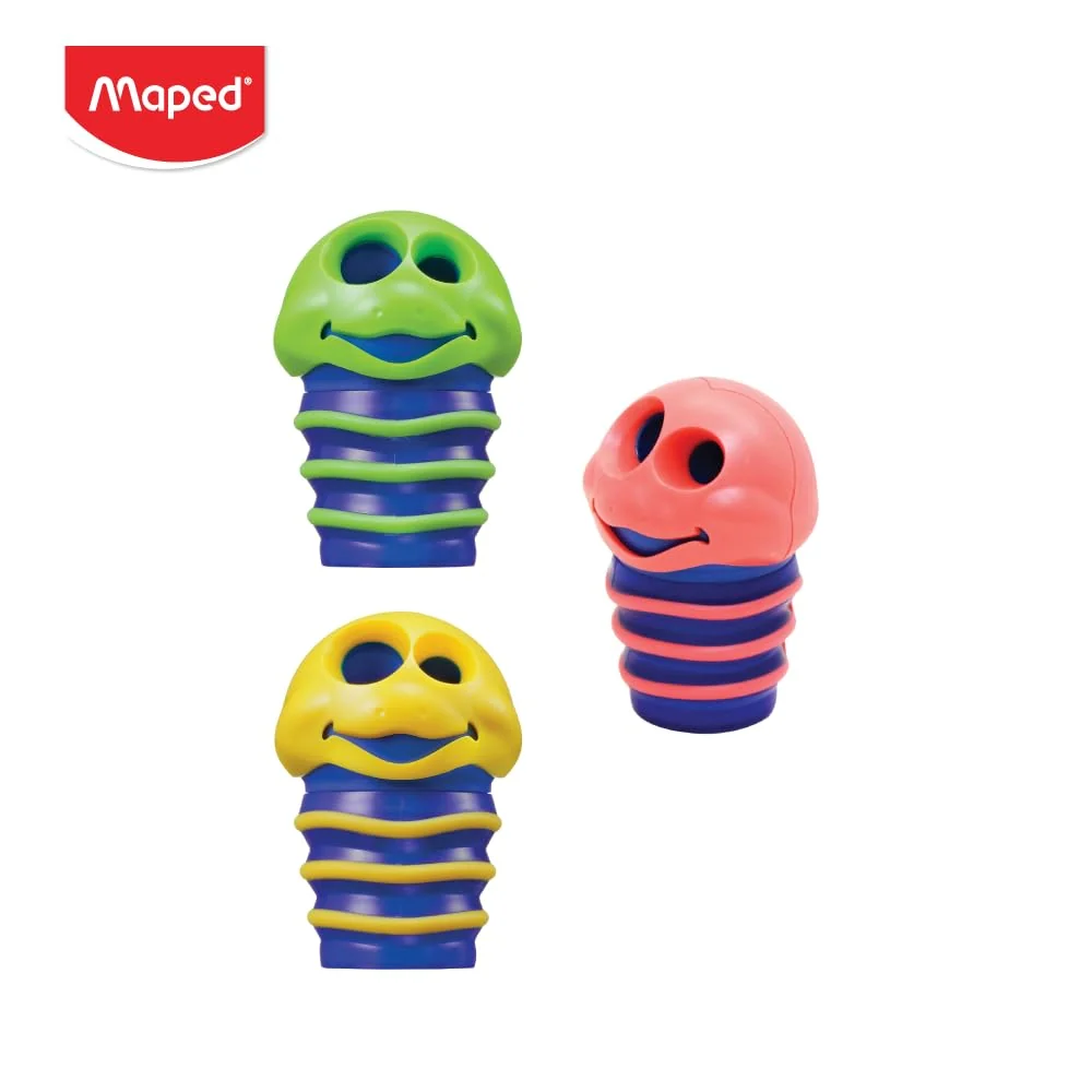 Maped Sacapuntas Escolar Croc Croc, Afilador con Depósito, 2 Orificios para Lápices Estándar y Grandes, Diseño Lúdico y Ergonómico, Gran Capacidad de Virutas, 3 Colores Diferentes (Paquete de 2)