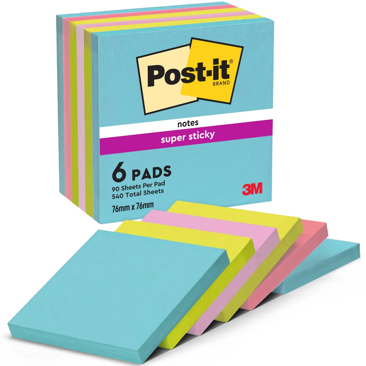 Post-It Notas Super Sticky Colección Cosmic, Paquete de 6 Blocs de Notas, 90 Hojas por Bloc, 76 mm x 76 mm, Para Listas de Tareas y Recordatorios
