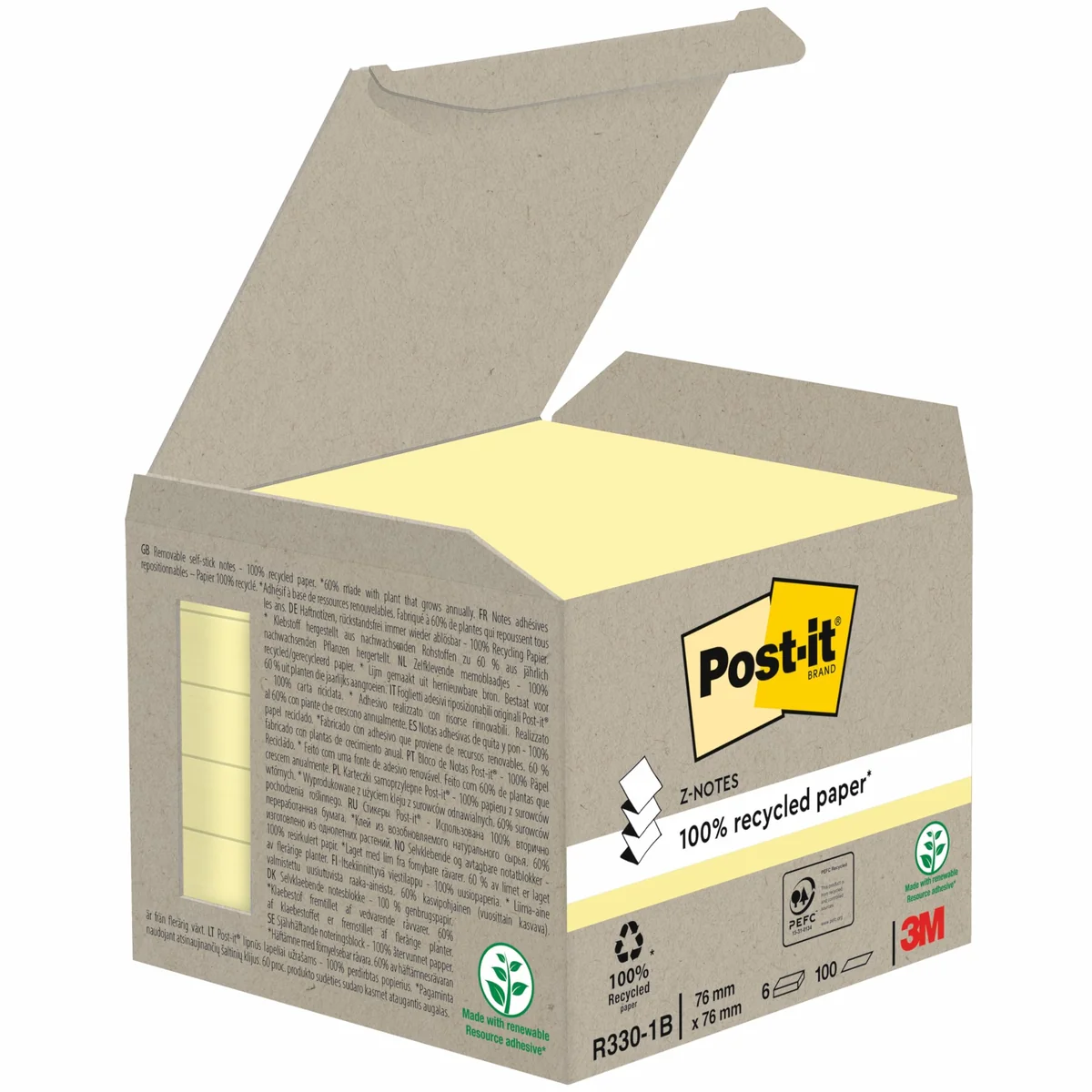 Post-It Z-Notas Recicladas Canary Yellow, Paquete de 6 Blocs de Notas, 100 Hojas por Bloc, 76 x 76 mm, Color Amarillo, Notas Adhesivas Hechas de Papel 100% Reciclado