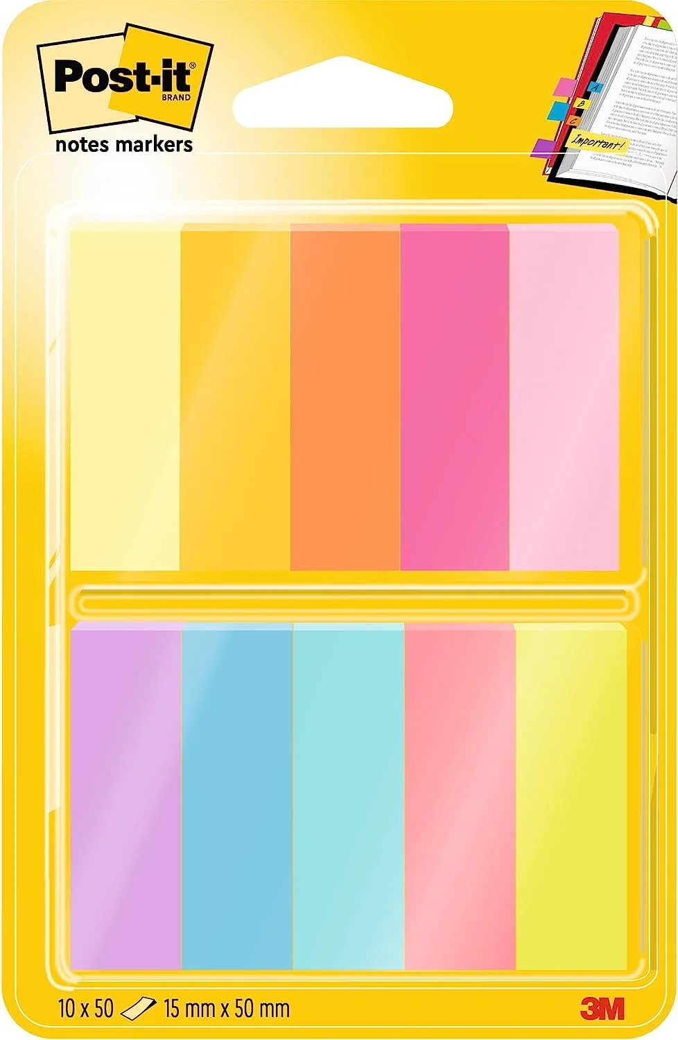Post-It Mininotas, Paquete de 10 Blocs de Notas Adhesivas, 50 Marcadores por Bloc, 12.7x44.4 mm, Amarillo, Naranja, Rosa, Morado, Azul, Verde, Marcapáginas Para Señalar, Resaltar o Colorear