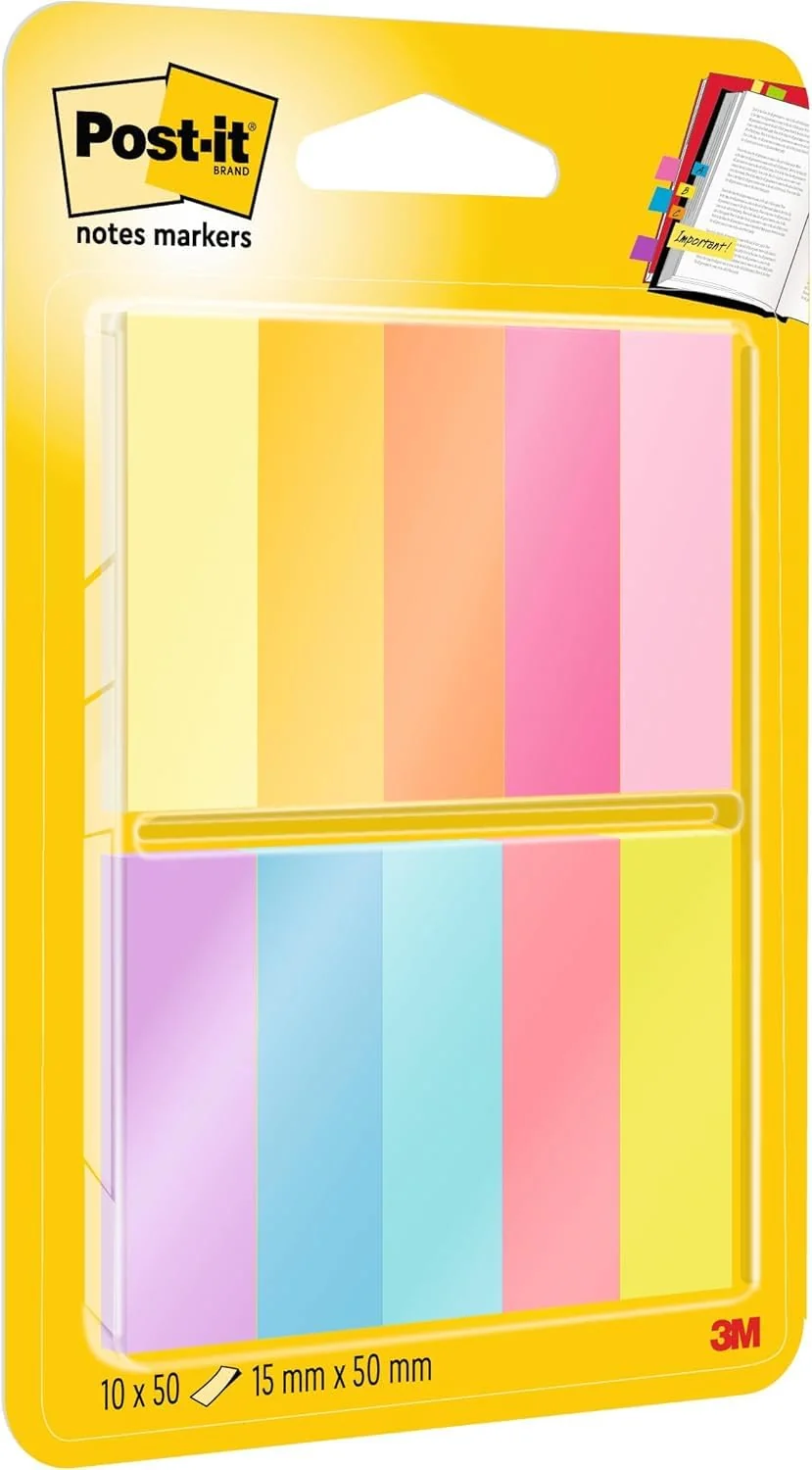 Post-It Mininotas, Paquete de 10 Blocs de Notas Adhesivas, 50 Marcadores por Bloc, 12.7x44.4 mm, Amarillo, Naranja, Rosa, Morado, Azul, Verde, Marcapáginas Para Señalar, Resaltar o Colorear