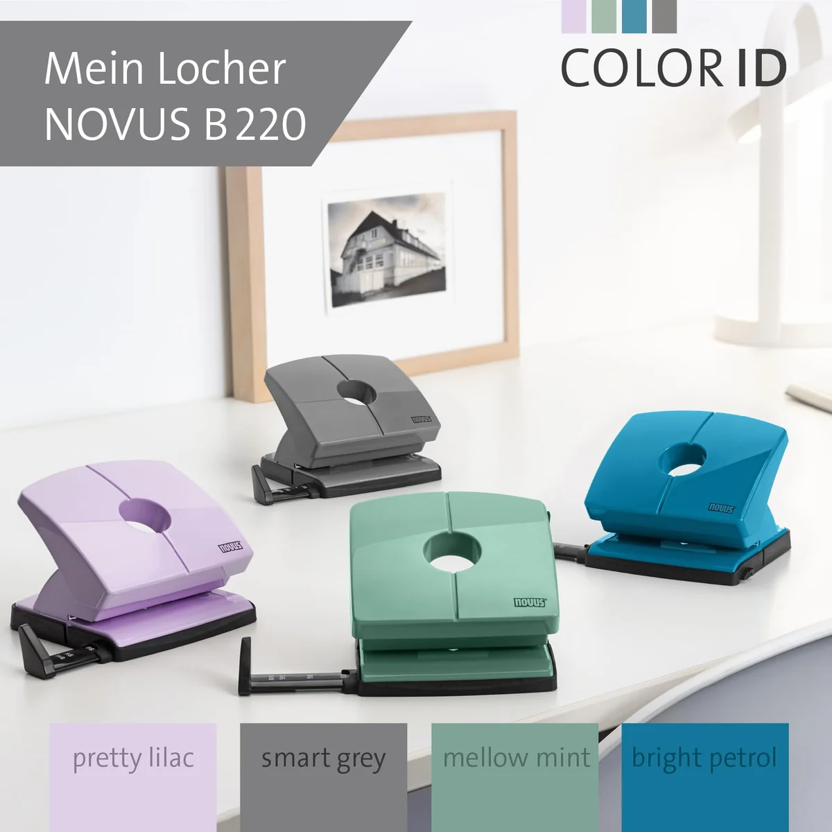 NOVUS B220 Colour ID 2.0 - Perforadora (capacidad para 20 hojas, riel de bloqueo fijo, piezas funcionales de metal), color gris