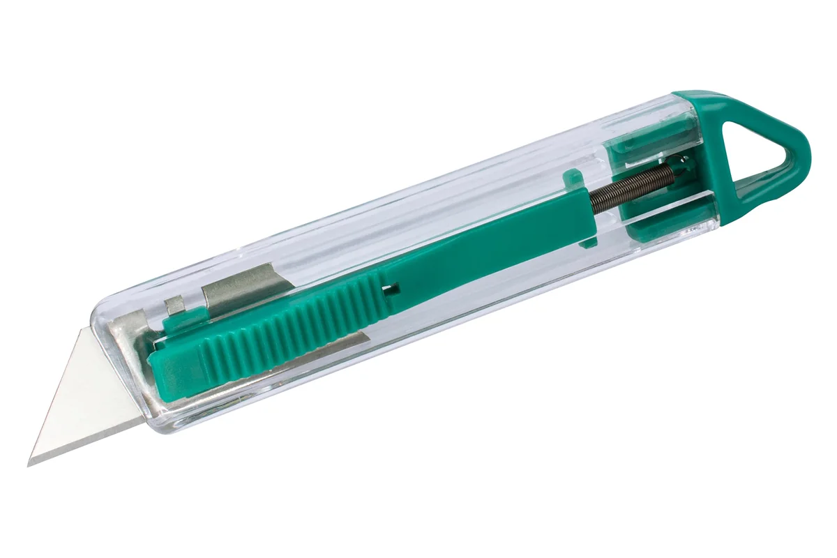 wolfcraft Cúter de seguridad de plástico con cuchilla trapezoidal I 4135000 I Para un corte seguro en cartón, cartulina fina, papel I Retracción automática de la cuchilla tras soltarlo