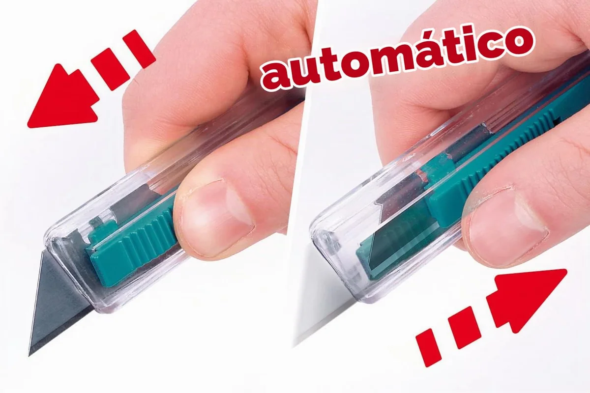 wolfcraft Cúter de seguridad de plástico con cuchilla trapezoidal I 4135000 I Para un corte seguro en cartón, cartulina fina, papel I Retracción automática de la cuchilla tras soltarlo