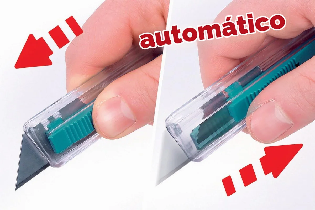 wolfcraft Cúter de seguridad de plástico con cuchilla trapezoidal I 4135000 I Para un corte seguro en cartón, cartulina fina, papel I Retracción automática de la cuchilla tras soltarlo