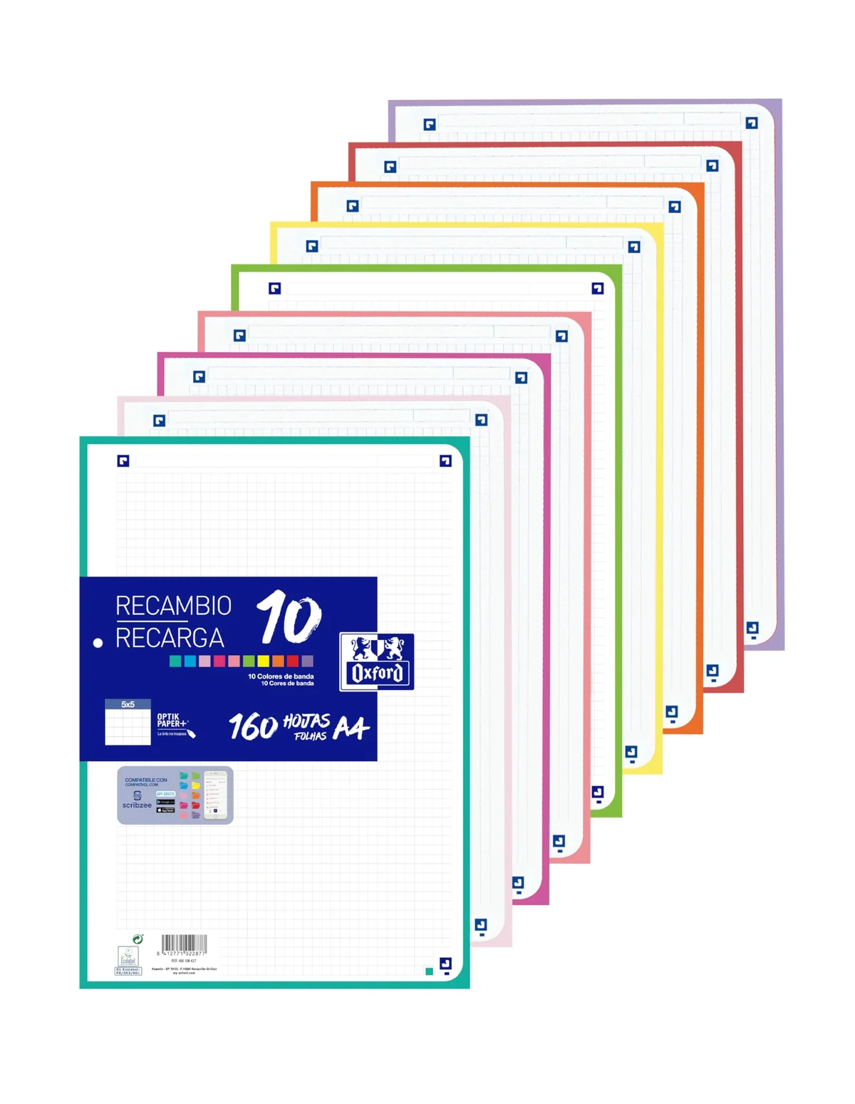 Oxford - Hojas Cuadriculadas A4 Perforadas, Recambio Archivador, 160 Hojas, Cuadrícula 5x5, 10 Colores de Banda