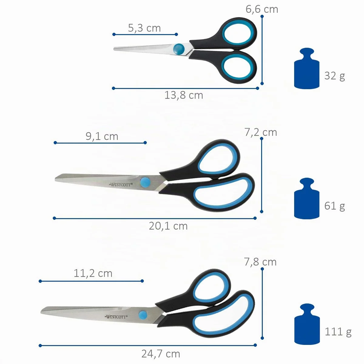 Westcott Easy Grip - Set de tijeras, 3 unidades, color azul/negro