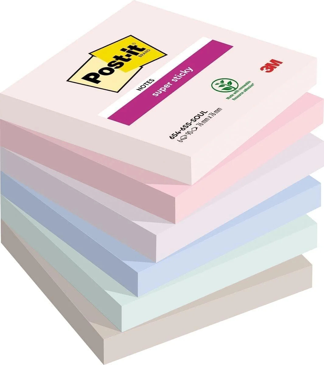 Post-It Notas Super Sticky Colección Soulful Color, Paquete de 6 Blocs de Notas, 90 Hojas por Bloc, 76x76 mm, Rosa, Morado, Verde, Gris, Azul, Extra Adhesivas para Listas de Tareas y Recordatorios