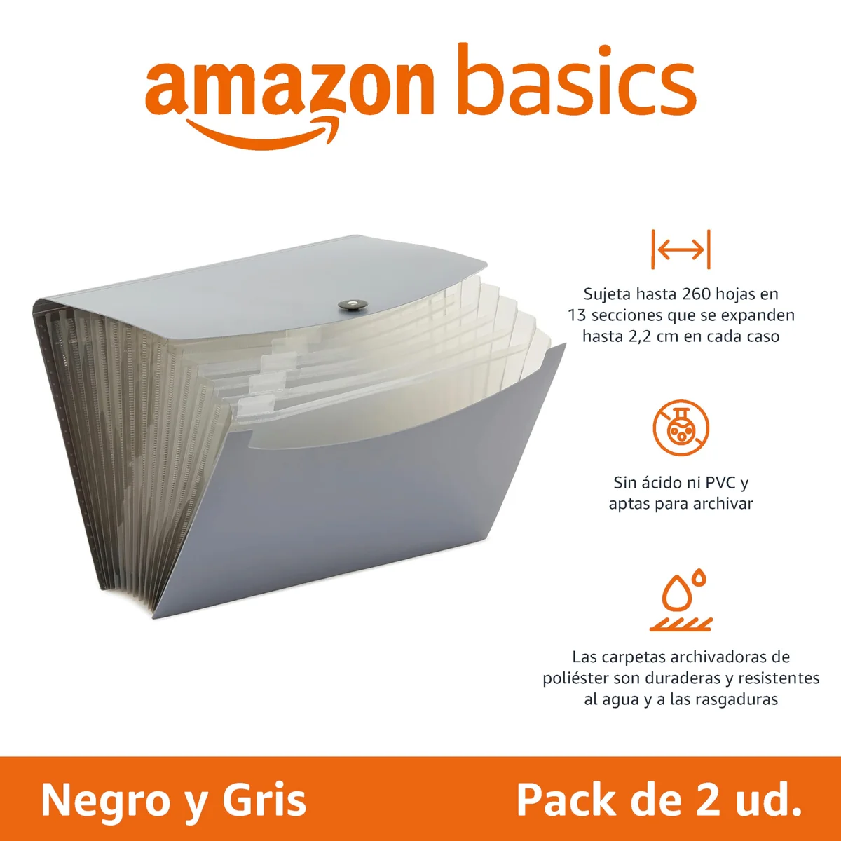 Amazon Basics Carpeta acordeón, tamaño A4, Paquete de 2, color Gris,Negro/gris