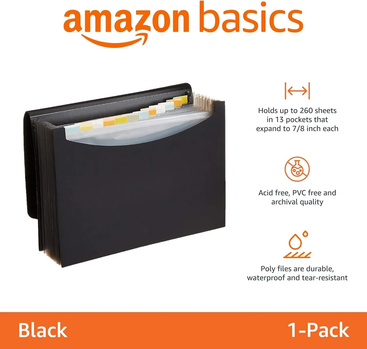 Amazon Basics Carpeta de acordeón (tamaño A4), Paquete de 1, Negra