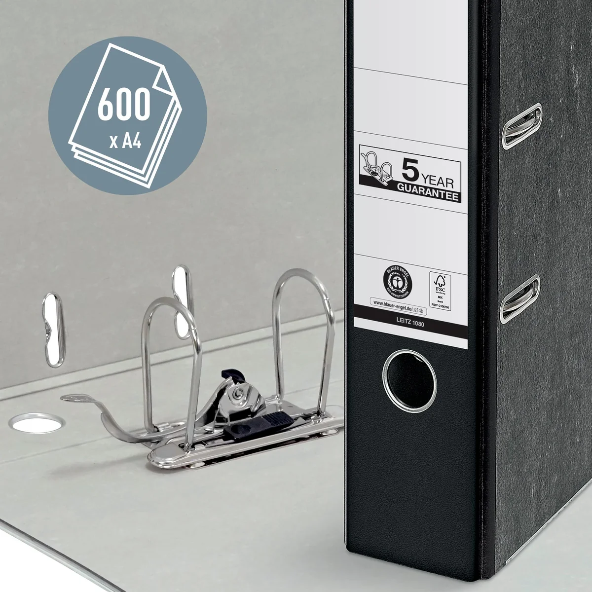 Leitz 10805095 - Archivador de Anillas con Palanca Clásico Jaspeado 180º, Tamaño A4, Hasta 600 Hojas, CO2 Compensado, 100% Cartón Reciclado, Con Ranuras, Cantonera y Orificio, Lomo 80 mm, Color Negro