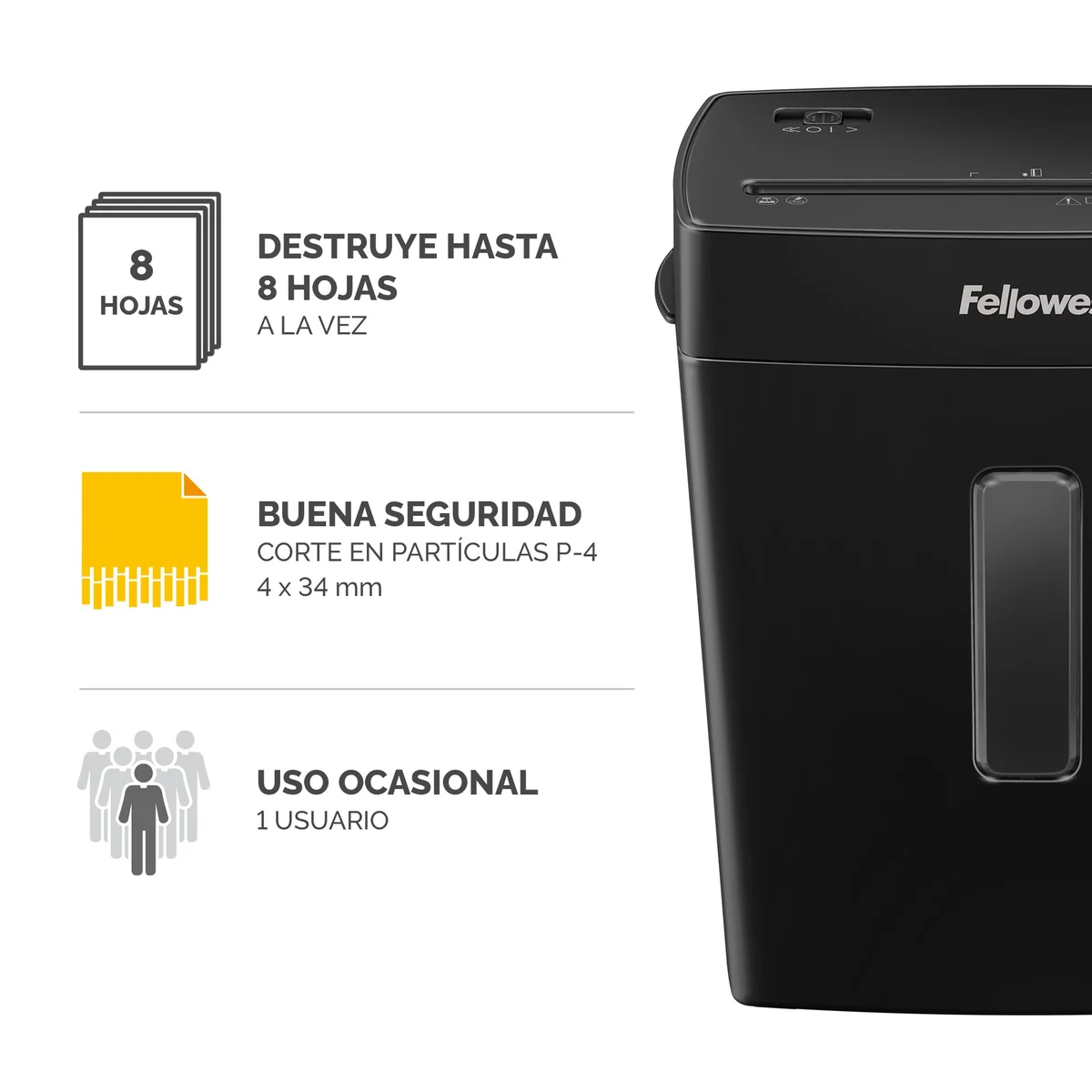 Fellowes FS-8C - Trituradora de Papel, Corte en partículas, Destruye hasta 8 Hojas, Destructora de Papel Uso Personal, Papelera de 15 litros, Nivel de Seguridad P4, Exclusiva de Amazon