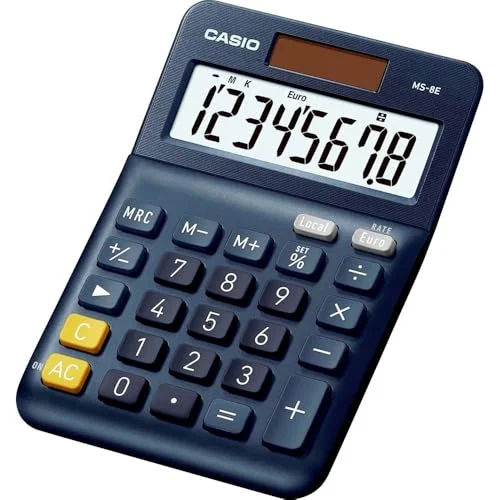 Casio, MS-8E, Calculadora de Escritorio con Pantalla Extra-Grande de 8 dígitos, Azul, alimentada por energía Solar/batería, con cálculo de Porcentaje avanzado