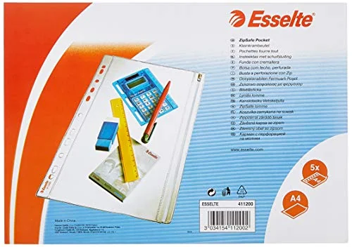 ESSELTE 411200 - Fundas fuelle capacidad PVC sin refuerzo 200 micras (bolsa 5 ud.) DIN A4. 11 taladros, Claro