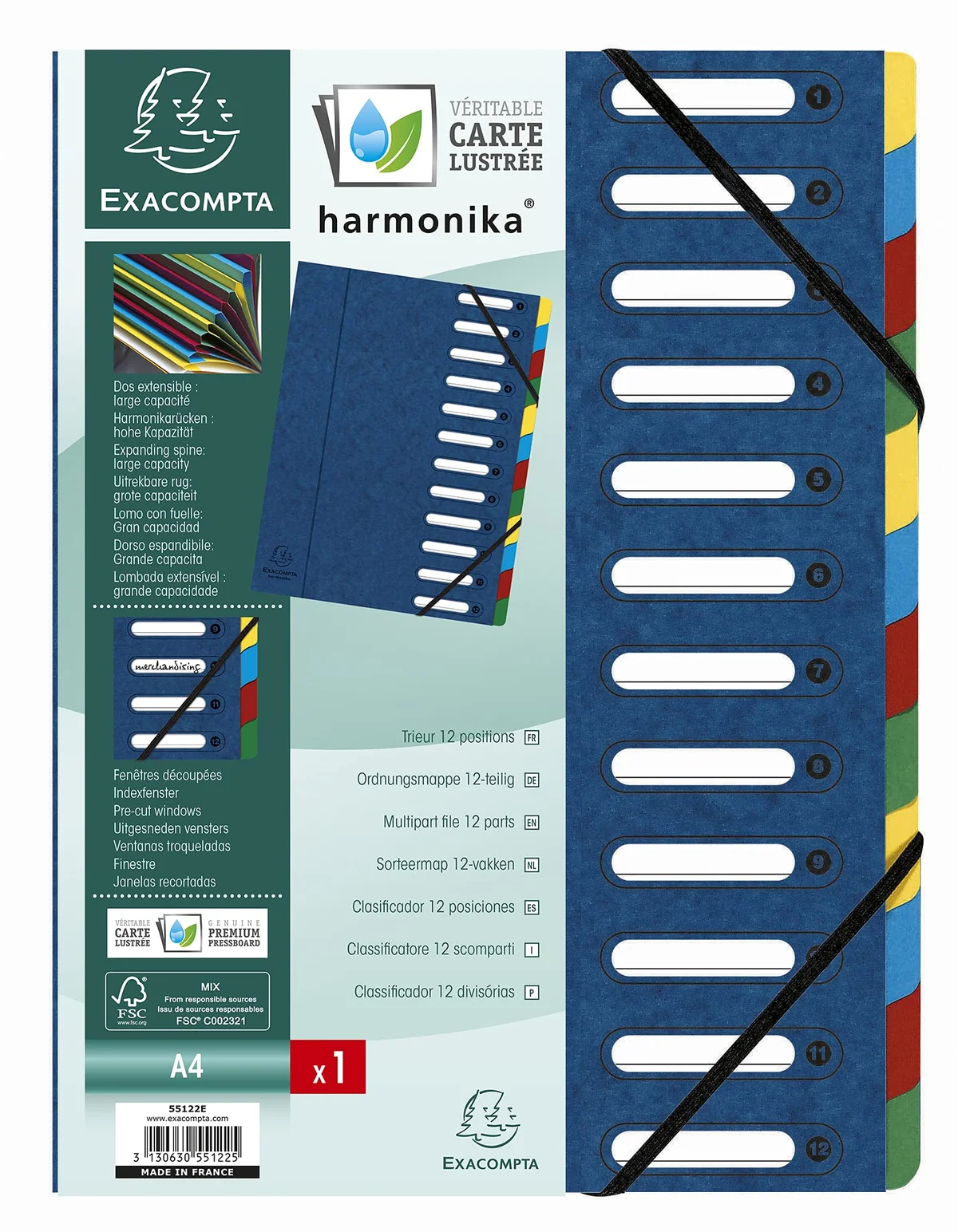 Exacompta 55122E - Clasificador harmonika con ventanas con gomas, 12 compartimentos, azul