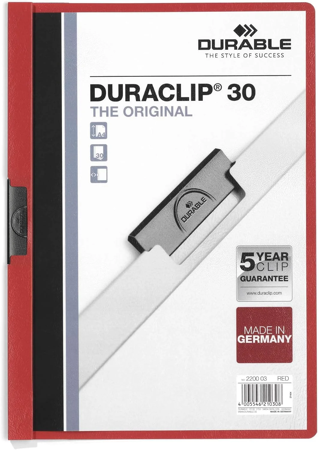 Durable 220003 Carpeta Duraclip dossier pinza lateral (para 1-30 hojas A4), 25 piezas, rojo