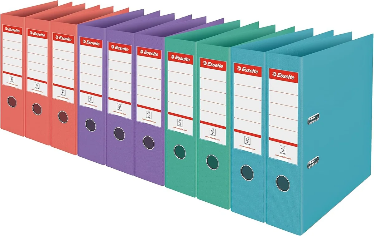 Esselte Pack 10 Archivadores de Palanca, Capacidad 500 hojas, Lomo de 75mm, Light & Durable A4 Folder, Casa y Oficina, Diseño en Relieve, Gama Colour'Breeze, Colores Pastel Colores Variados, 626214