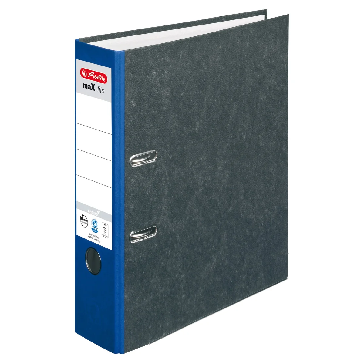 Herlitz Archivador maX.file Nature de cartón, cubierta de mármol, protección de bordes, estable, A4, 8 cm, color azul