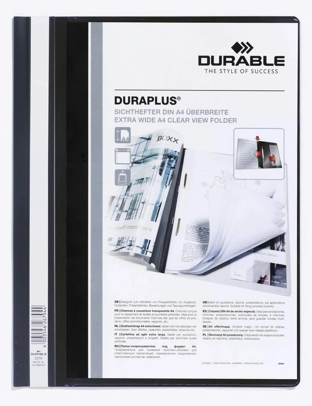 Durable 257901 Carpeta de fástener con cubierta transparente y tapa posterior de color Duraplus para A4, negro, paquete de 25