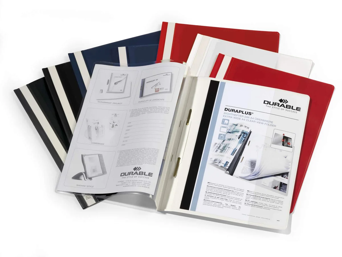 Durable 257901 Carpeta de fástener con cubierta transparente y tapa posterior de color Duraplus para A4, negro, paquete de 25