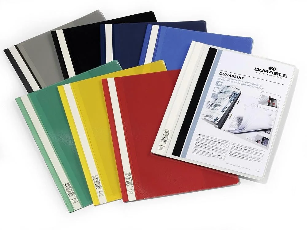 Durable 257901 Carpeta de fástener con cubierta transparente y tapa posterior de color Duraplus para A4, negro, paquete de 25
