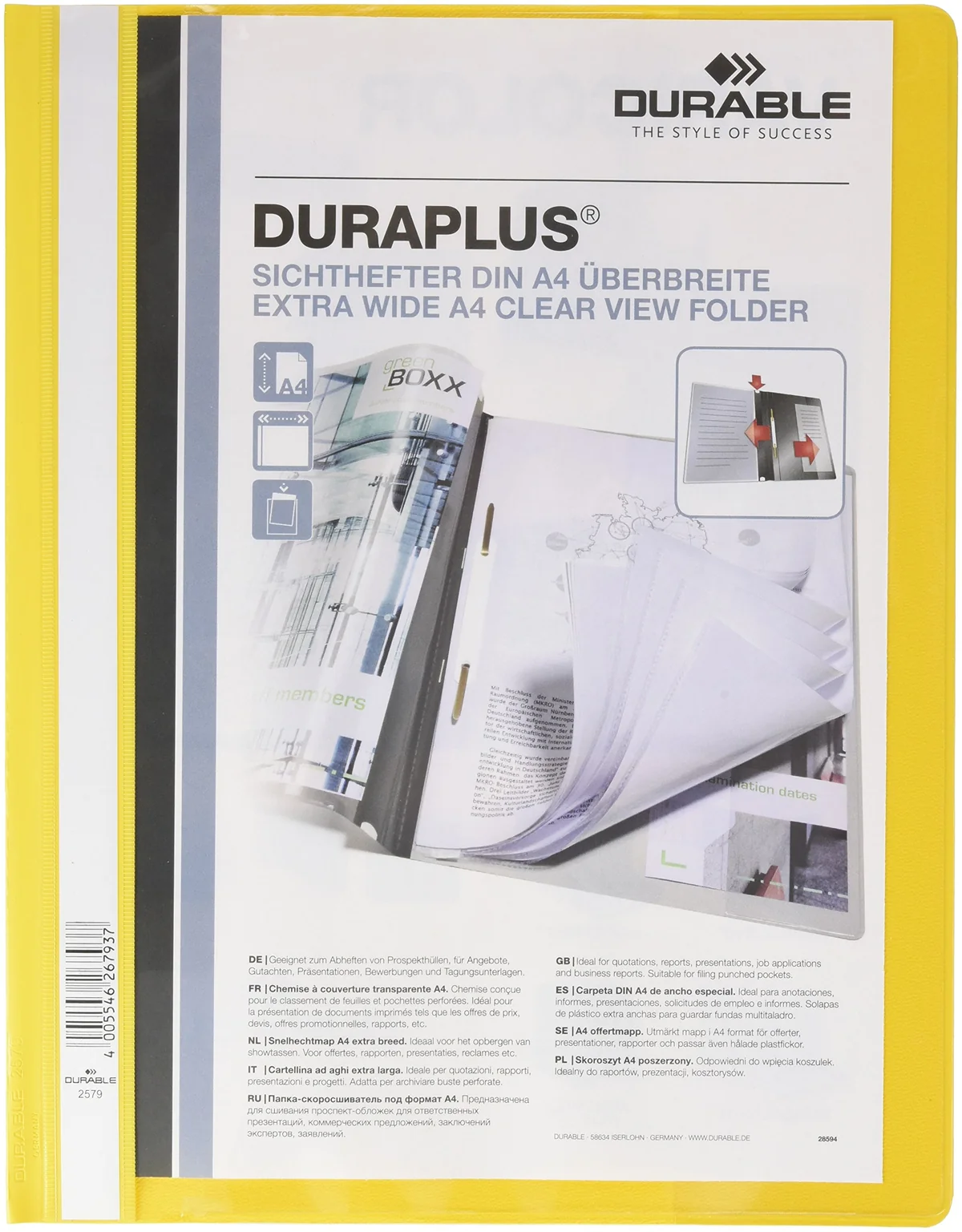 Durable 257901 Carpeta de fástener con cubierta transparente y tapa posterior de color Duraplus para A4, negro, paquete de 25